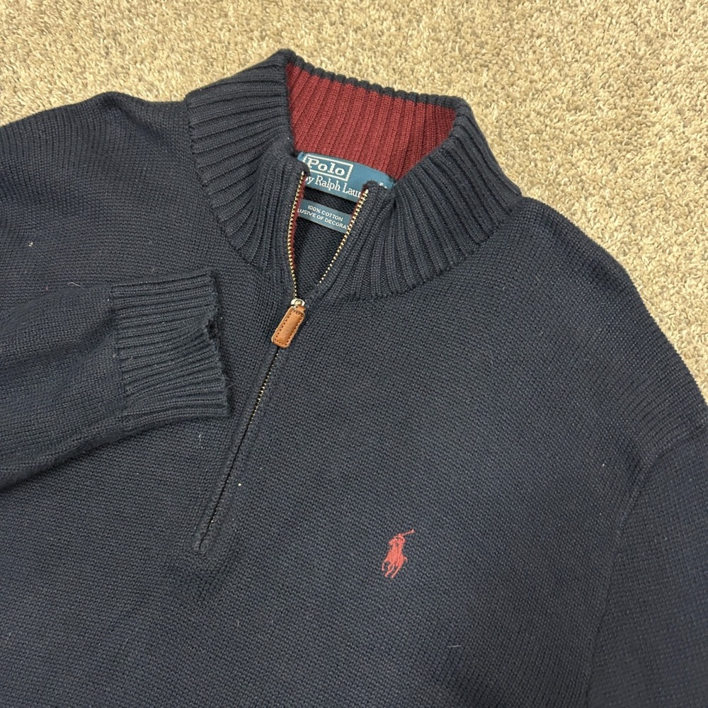 Polo Ralph Lauren Sweater Quarter Zip XL Navy Blue Cotton Red Pony Logo